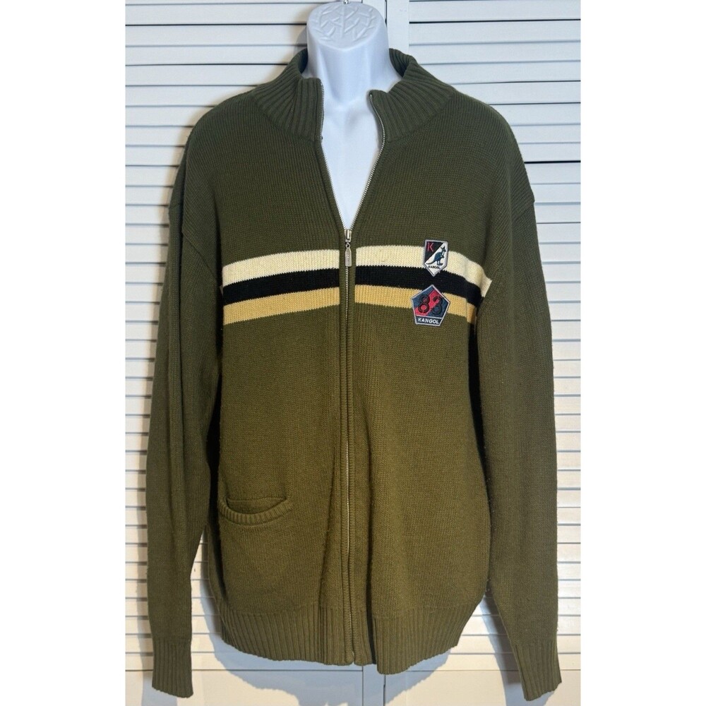 Kangol Men’s Green XL Full Zip Wool Blend Patches Sweater Preppy Retro 90s